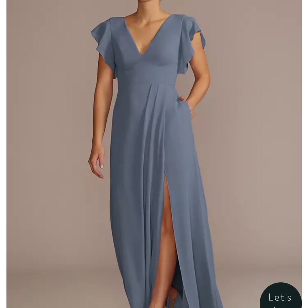 David's Bridal Steel Blue Flutter Sleeve Maxi Dress